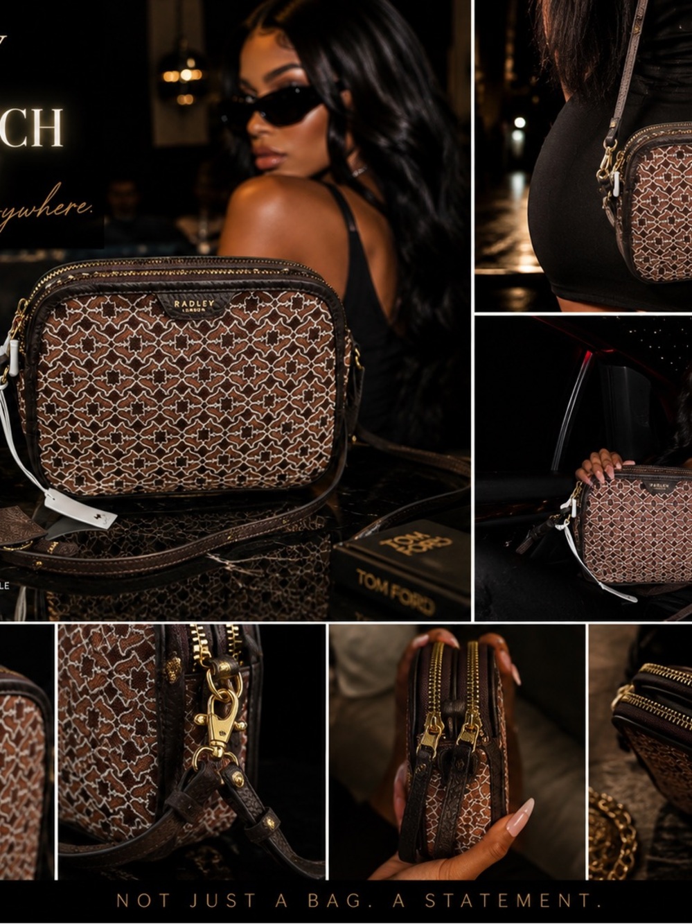 RADLEY LONDON Brown Monogram Crossbody Bag with Gold Hardware